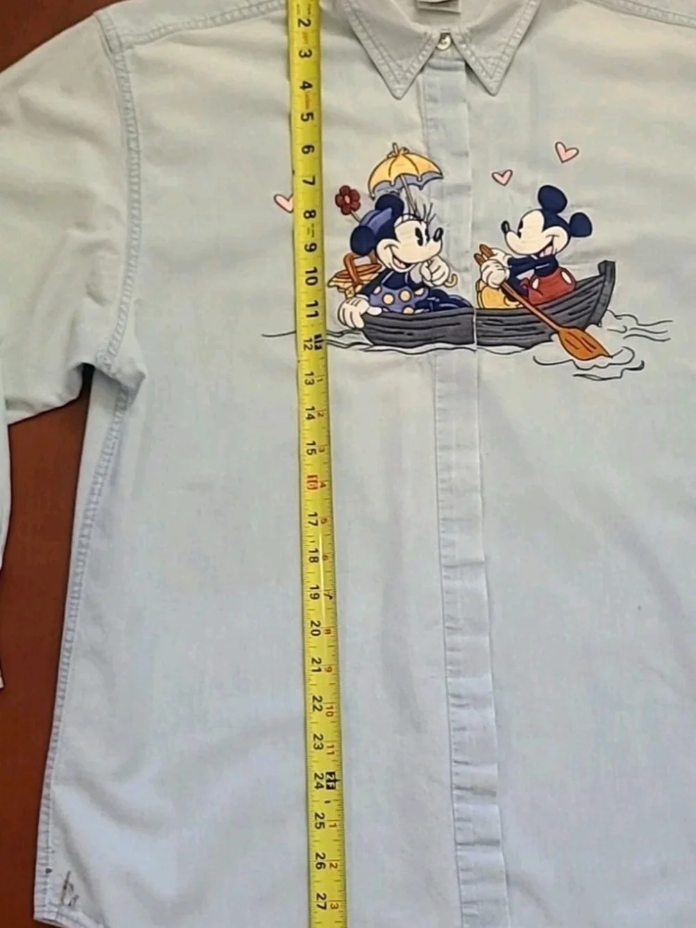 VTG Disney Store Large Embroidered Denim Shirt Mickey/ Minnie Mouse Rowing Boat - Picture 12 of 15